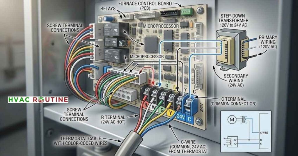 A 24V Common Wire terminal connection on a furnace control board
