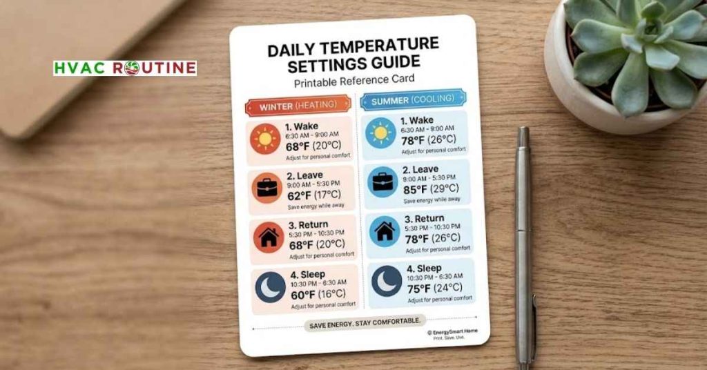 Clean printable reference card summarizing the four daily temperature modes for summer and winter