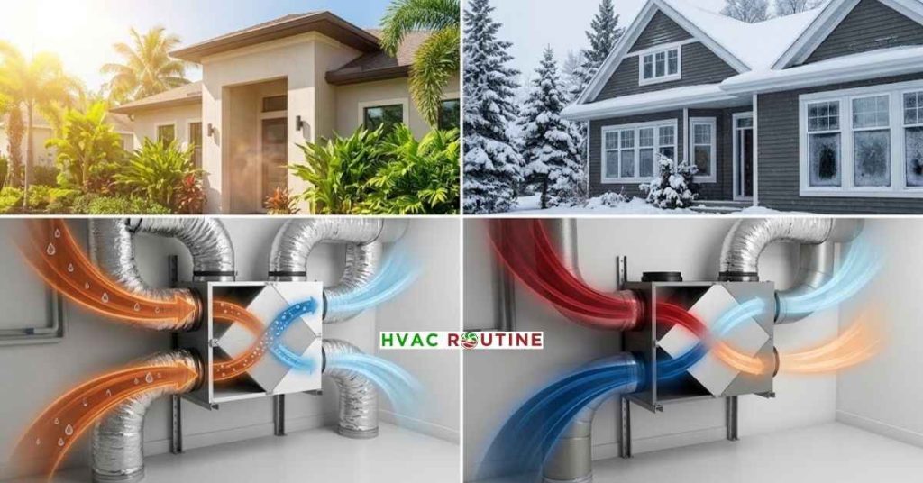 Comparison of mechanical ventilation systems operating in hot humid climates versus freezing cold winter climates
