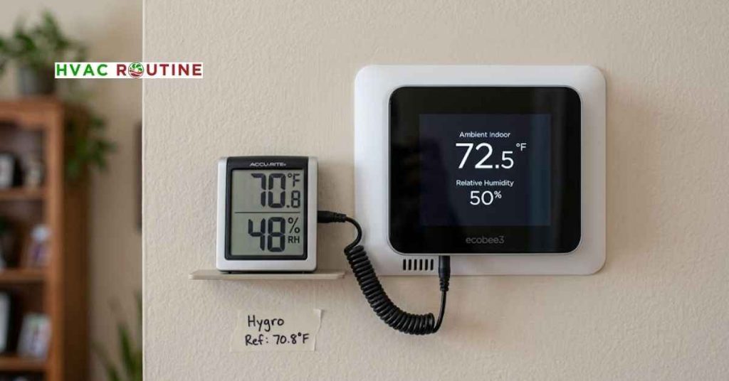Digital hygrometer placed next to a wall thermostat during a sensor offset calibration test