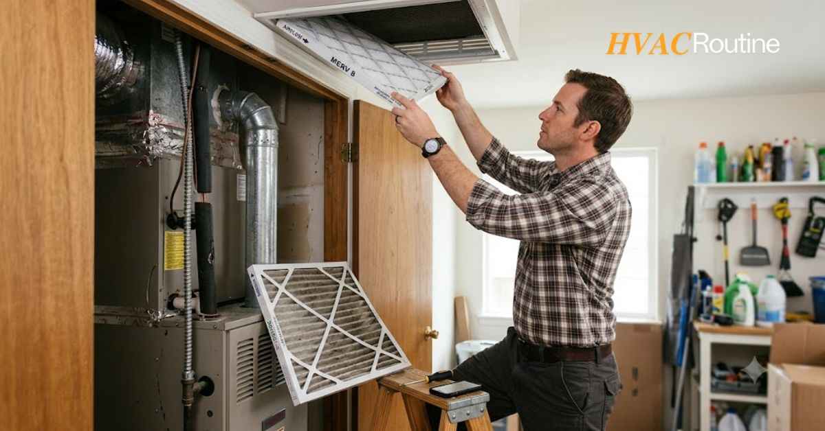 HVAC maintenance toolkit including air filters screwdrivers and cleaning supplies