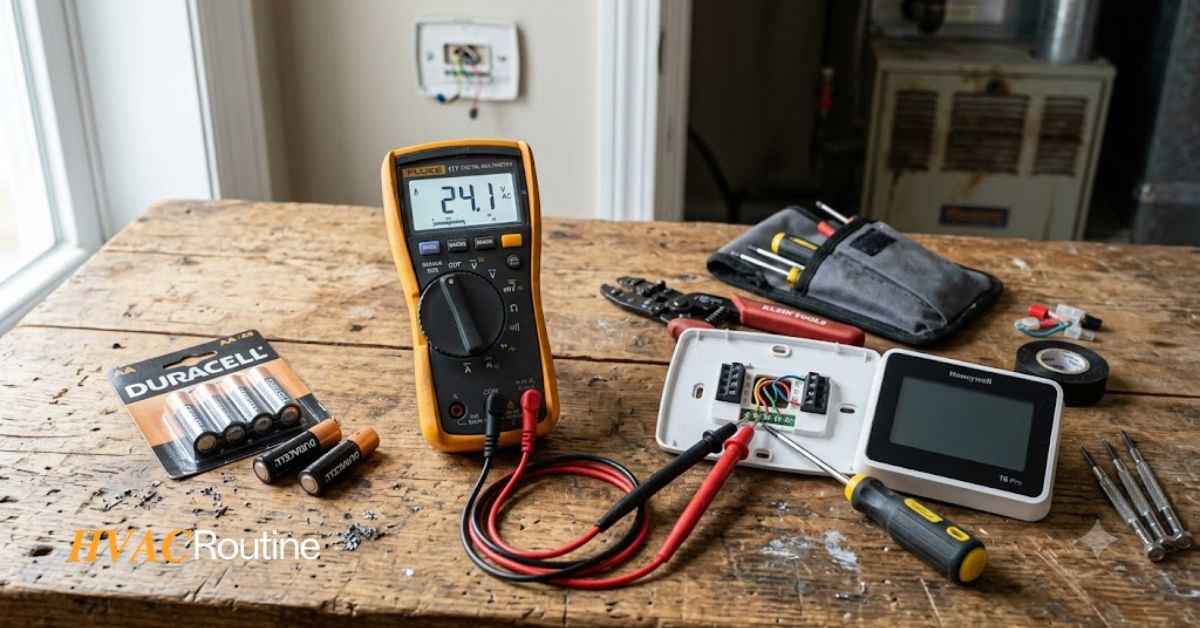 HVAC thermostat repair tools including digital multimeter and batteries