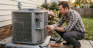 Homeowner inspecting an outdoor HVAC unit for seasonal routine maintenance