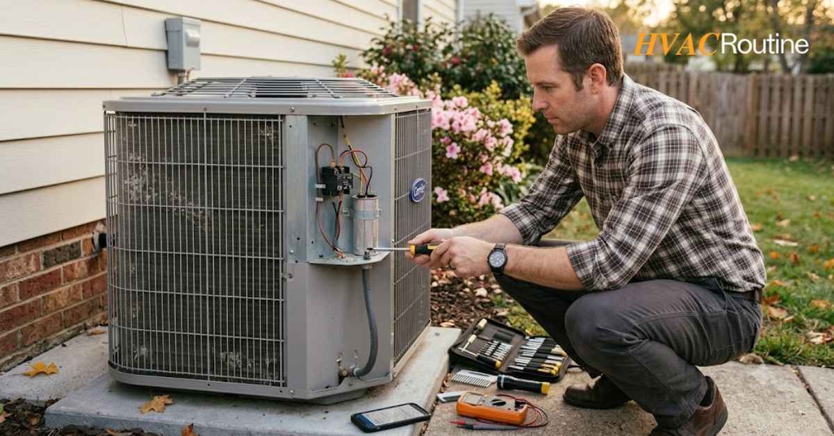 Homeowner inspecting an outdoor HVAC unit for seasonal routine maintenance