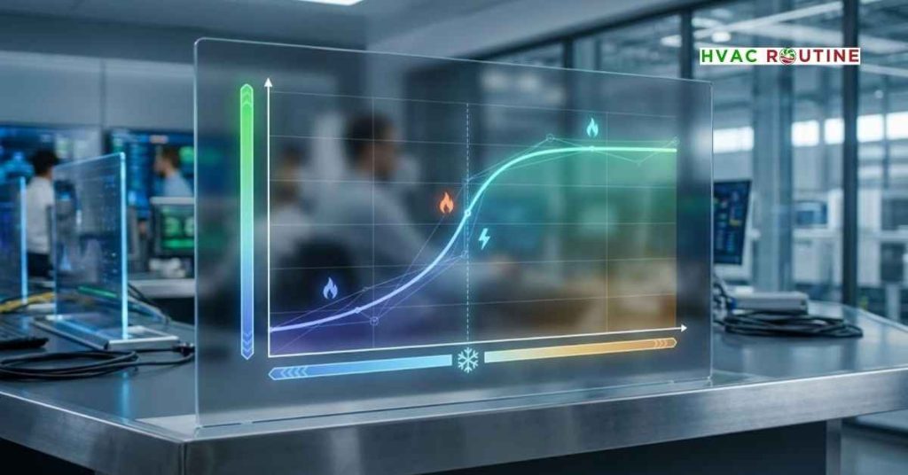 Heat pump SCOP rating temperature curve chart showing efficiency drops at freezing outdoor temperatures