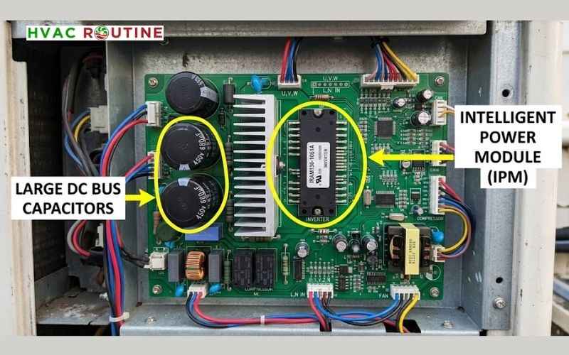Inspecting a Samsung inverter PCB for burn marks and swollen capacitors.