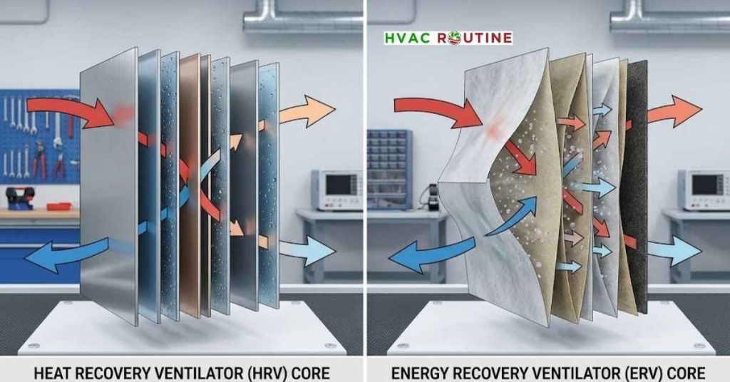Internal core comparison showing heat recovery ventilator solid plates versus energy recovery ventilator permeable membrane