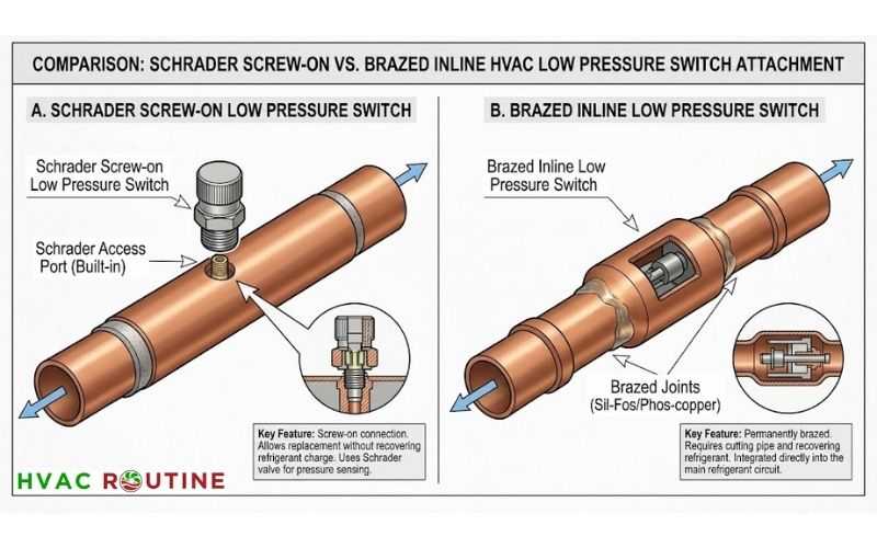 Location of screw-on and brazed HVAC low pressure switches on the suction vapor line