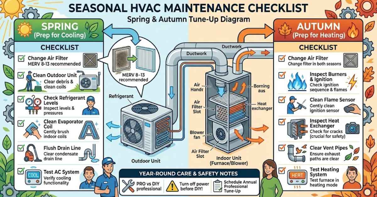 Seasonal HVAC maintenance checklist diagram for spring and autumn