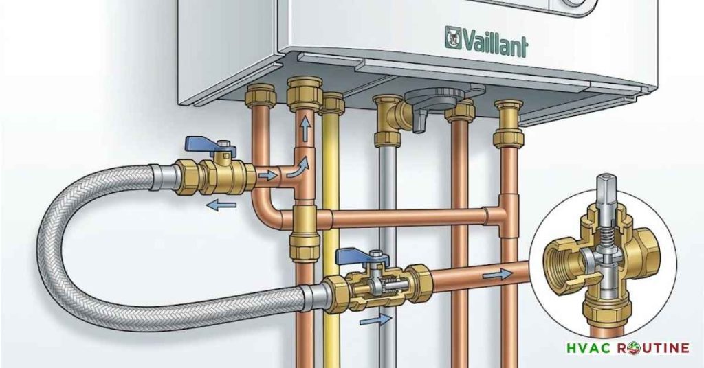 Silver flexible filling loop connected underneath Vaillant boiler.