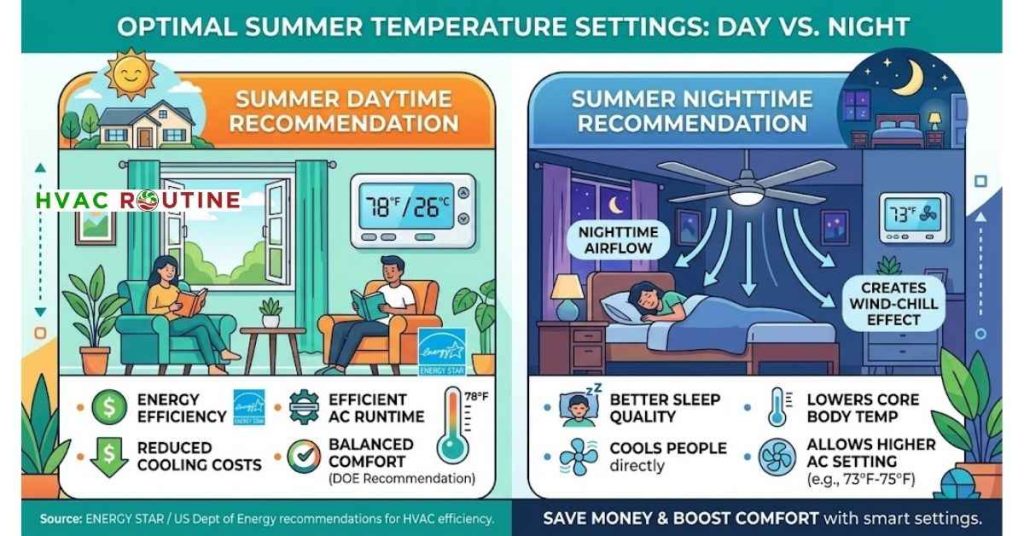 The summer daytime recommendation versus nighttime ceiling fan airflow