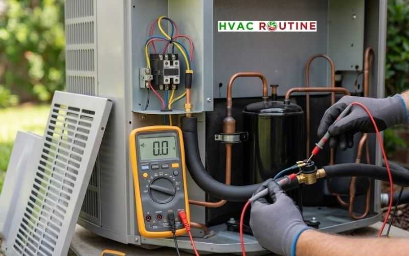 Using a digital multimeter to test voltage drop and continuity on an HVAC low pressure switch