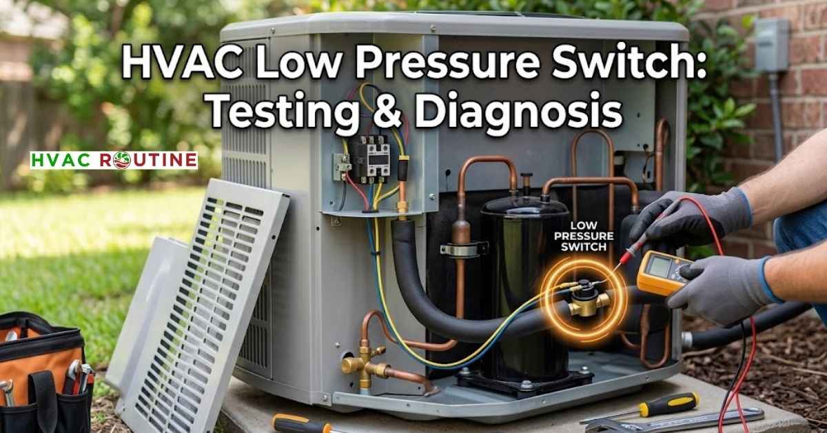 HVAC technician diagnosing a low pressure safety switch on an outdoor condenser suction line