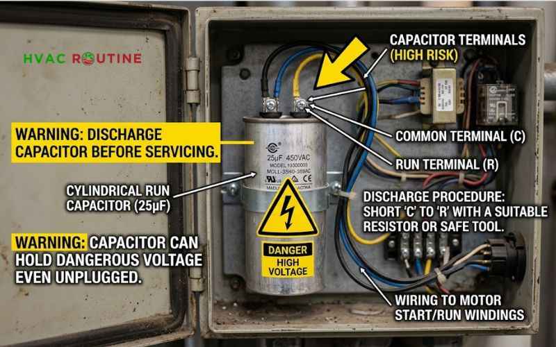 A window AC run capacitor inside the metal control box with electrical safety warning callout