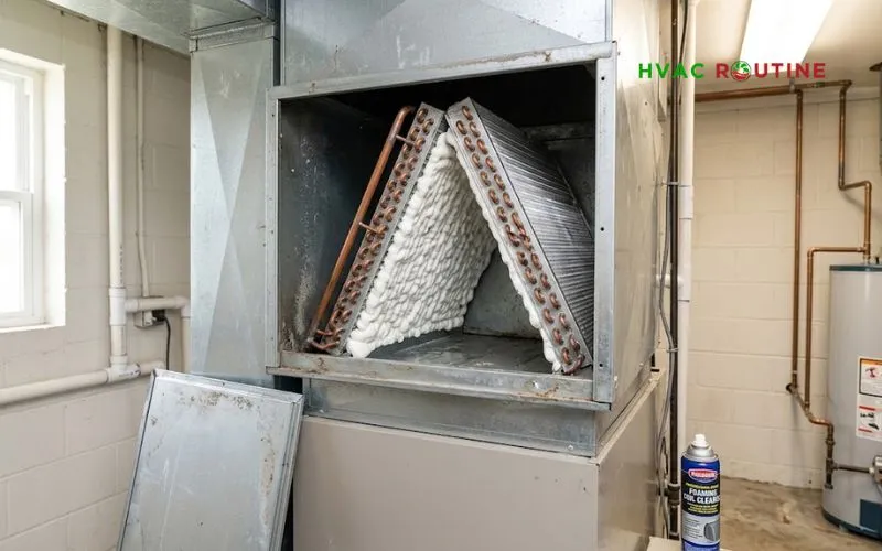 Applying self-rinsing foaming coil cleaner to an indoor HVAC evaporator A-coil