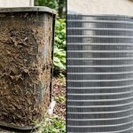 https://hvacroutine.com/wp-content/uploads/2026/09/Before-and-after-comparison-of-dirty-and-cleaned-outdoor-AC-condenser-coils