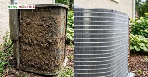 https://hvacroutine.com/wp-content/uploads/2026/09/Before-and-after-comparison-of-dirty-and-cleaned-outdoor-AC-condenser-coils