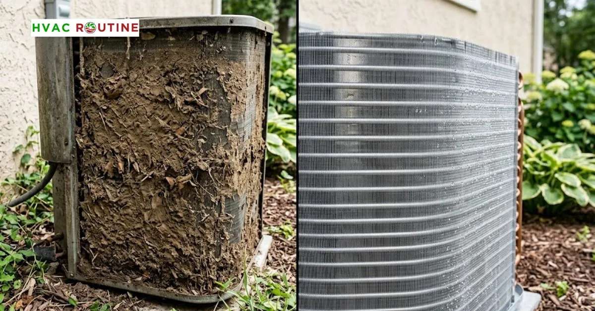 https://hvacroutine.com/wp-content/uploads/2026/09/Before-and-after-comparison-of-dirty-and-cleaned-outdoor-AC-condenser-coils