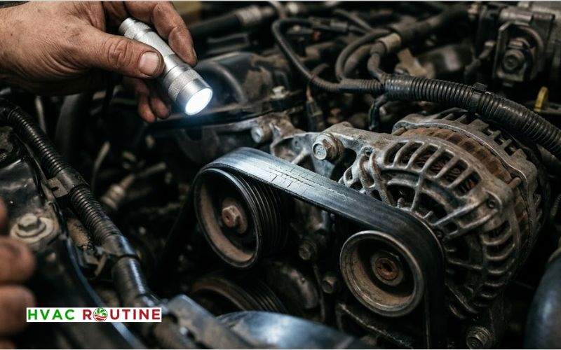 Close-up of a mechanic using a flashlight to inspect a cracked serpentine drive belt inside a car engine bay