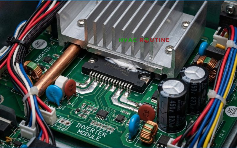 Close-up view of the Inverter Power Module and aluminum heat sink on an LG outdoor AC circuit board.