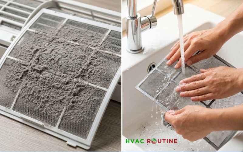 Comparing a dusty air conditioner mesh filter to a person washing it clean under running tap water.