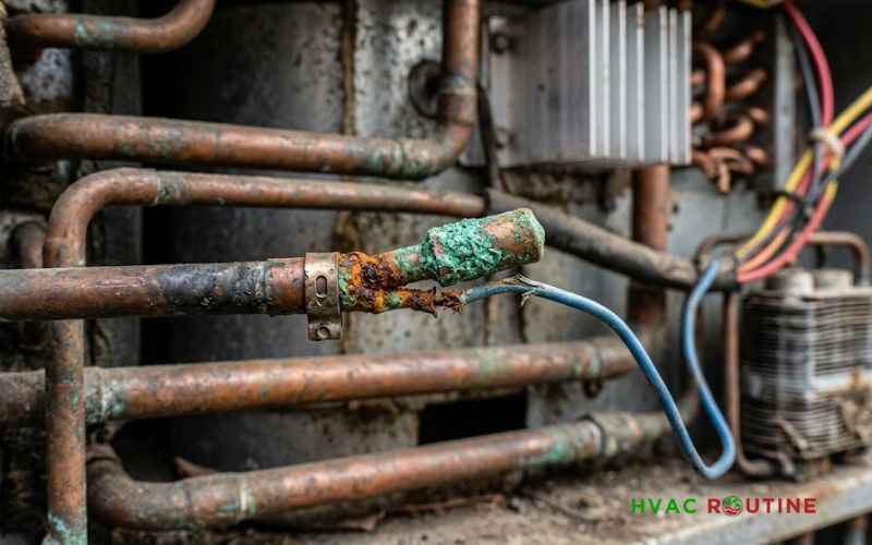 Corroded and rusted copper thermistor sensor attached to an outdoor air conditioner condenser coil.