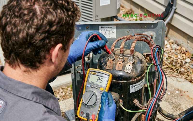 HVAC technician wearing safety gloves testing air conditioner compressor terminals using a digital multimeter.