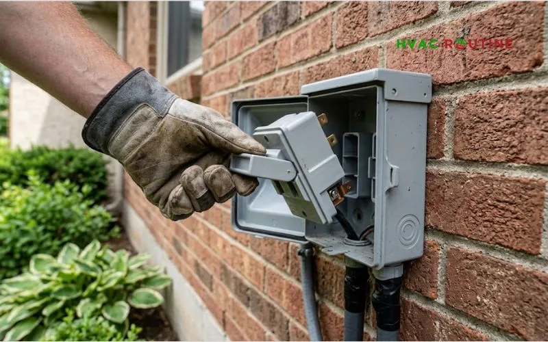 Homeowner safely pulling the electrical disconnect switch block for an outdoor AC unit