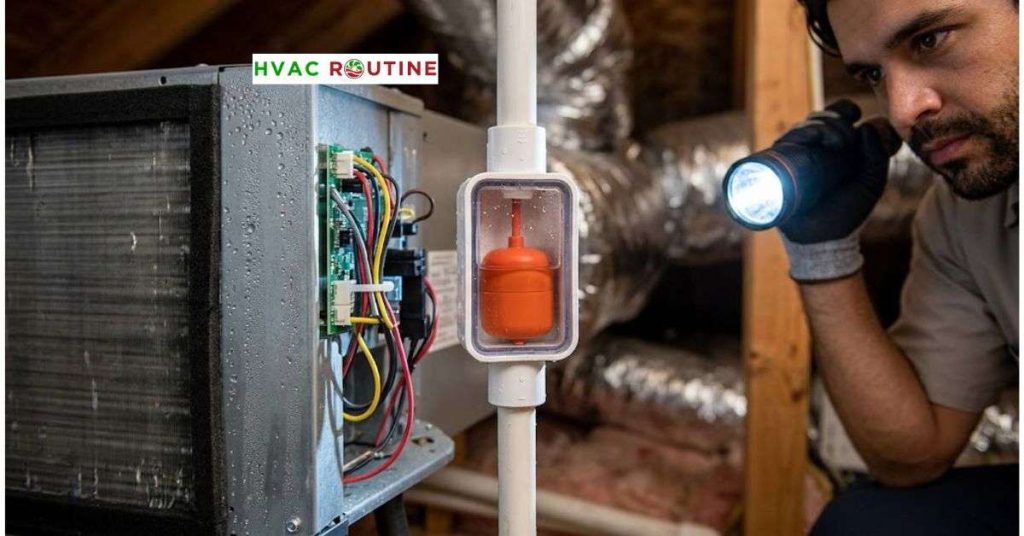 Inline condensate drain line float switch on an indoor AC evaporator coil showing standing water level