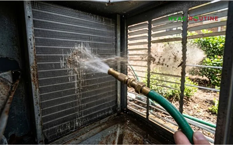 Rinsing AC condenser coils from the inside out using a low-pressure garden hose nozzle