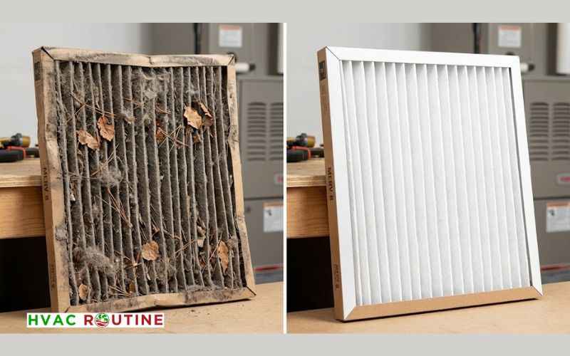 Side-by-side comparison of a dirty, leaf-clogged car cabin air filter and a brand-new white replacement filter