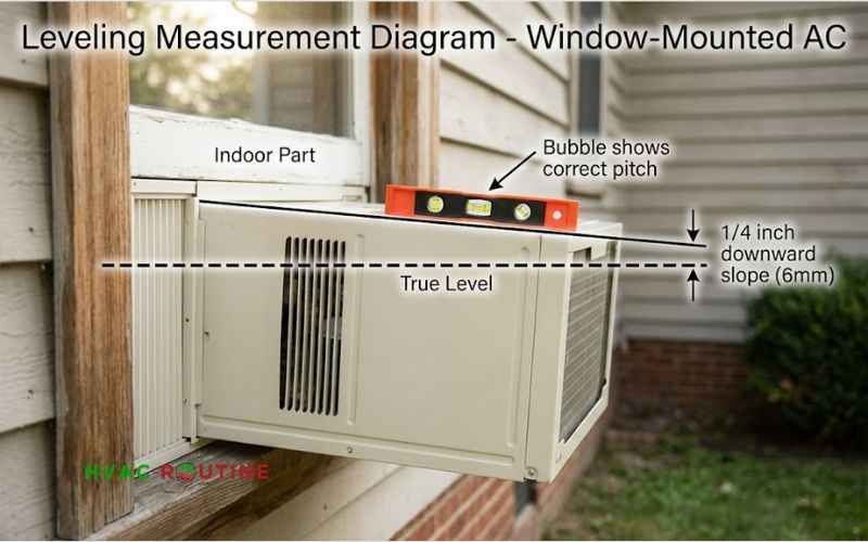 Side view diagram of a window AC unit installed with a 14-inch backward tilt toward the outside for water drainage