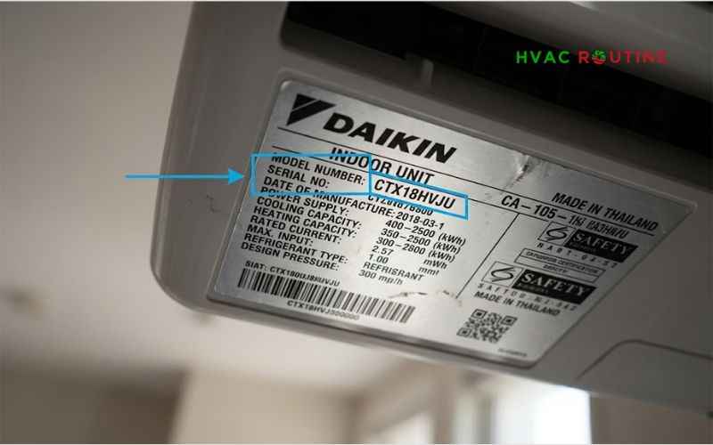 Silver manufacturer rating plate on Daikin mini split showing indoor model number for replacement parts