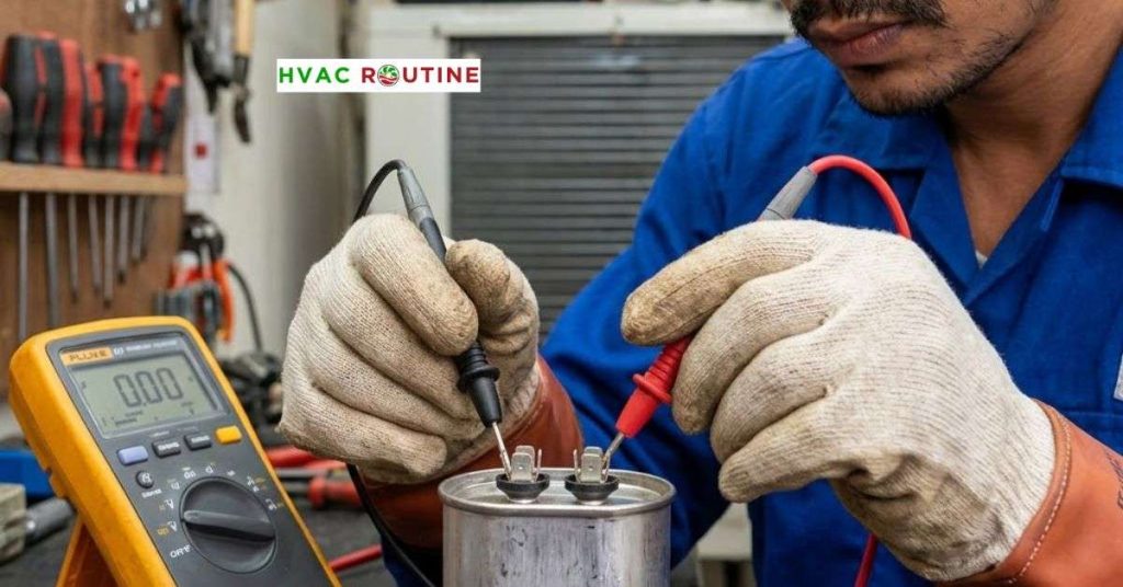Technician using a digital multimeter to measure microfarad reading on an AC dual run capacitor