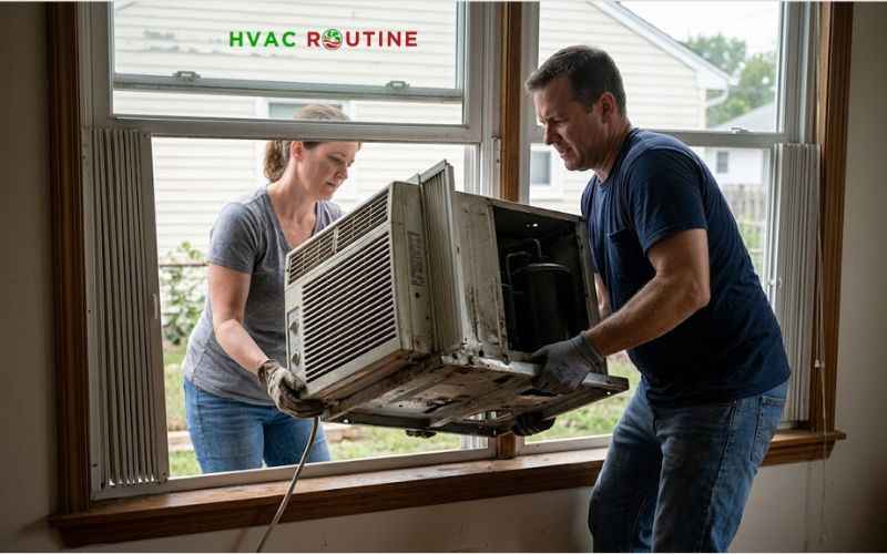 Two people properly lifting a heavy window air conditioner from a window frame to balance the rear compressor weight