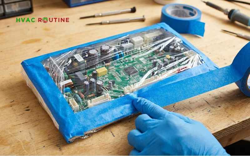 Window AC printed circuit board and wiring wrapped securely in plastic wrap and waterproof painter's tape
