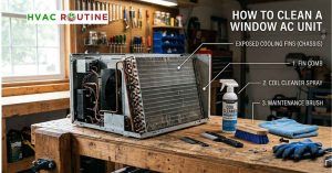 Window air conditioner disassembled on an outdoor workbench with coil cleaner spray and fin comb