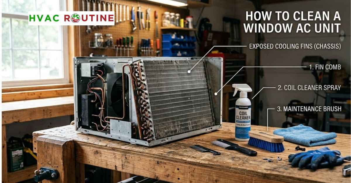 Window air conditioner disassembled on an outdoor workbench with coil cleaner spray and fin comb