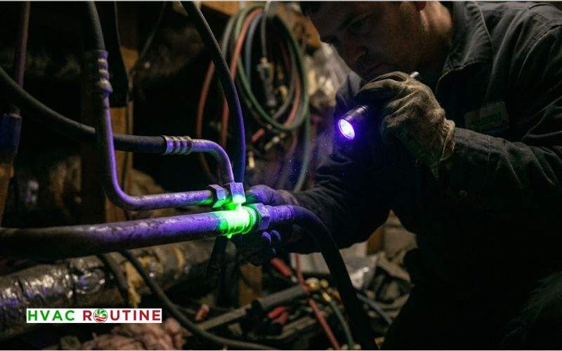 Using a UV flashlight in the dark to spot a bright green glowing freon leak on a car AC refrigerant line