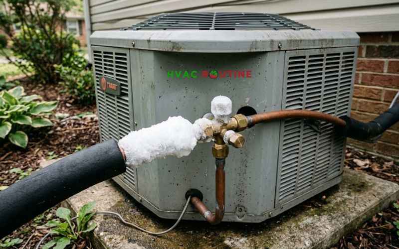 frozen copper refrigerant suction line on an outdoor ac unit